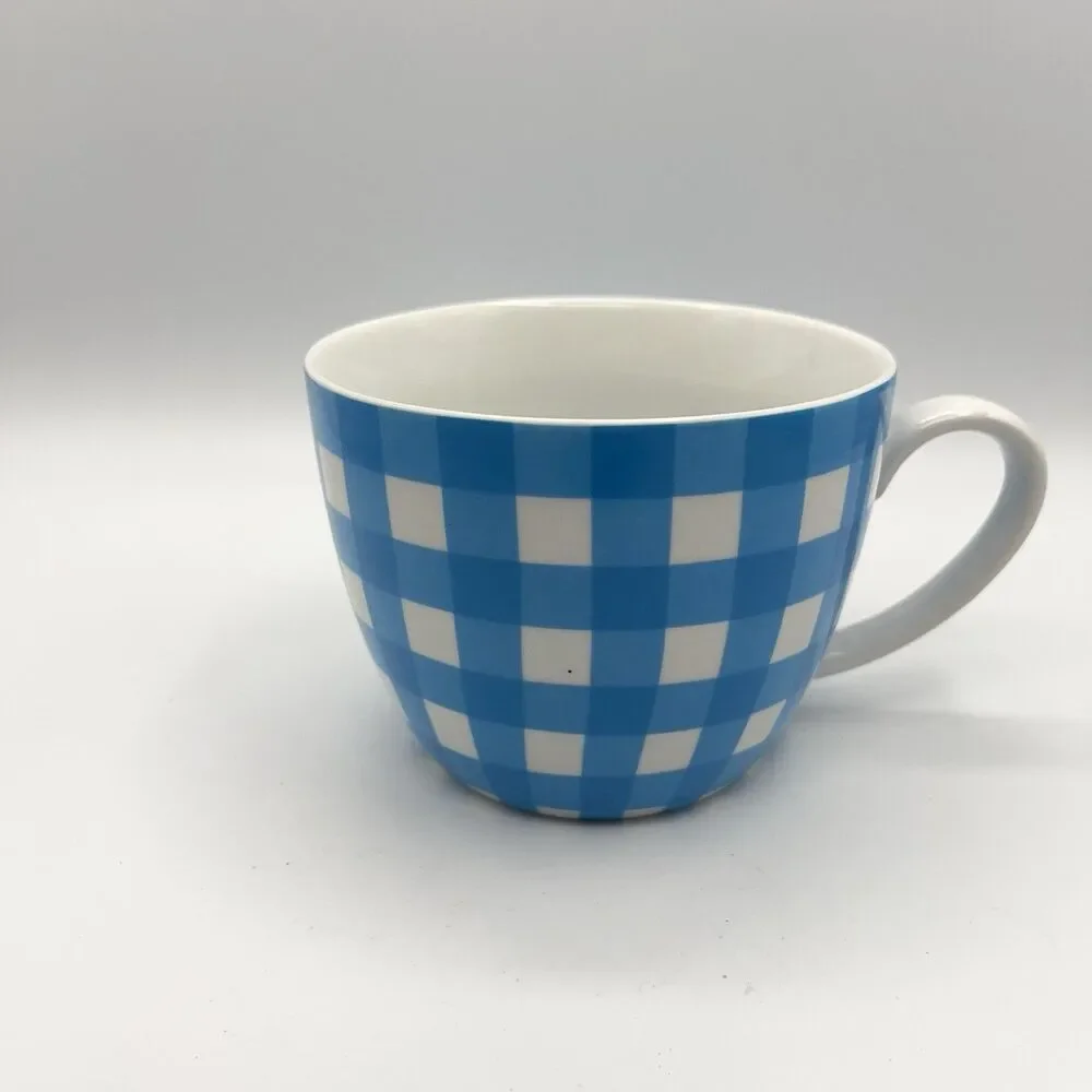 Crate & Barrel Coffee Mug Cup Gingham Plaid Blue White
